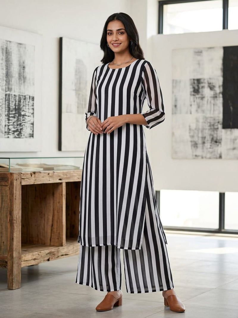 Black Classic Black and White Stripes Muslin Digital Printed Fabric