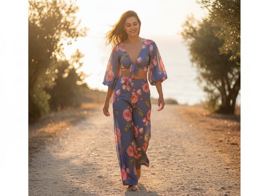 Classy floral digital printed fabric in blue by FAB VOGUE Studio