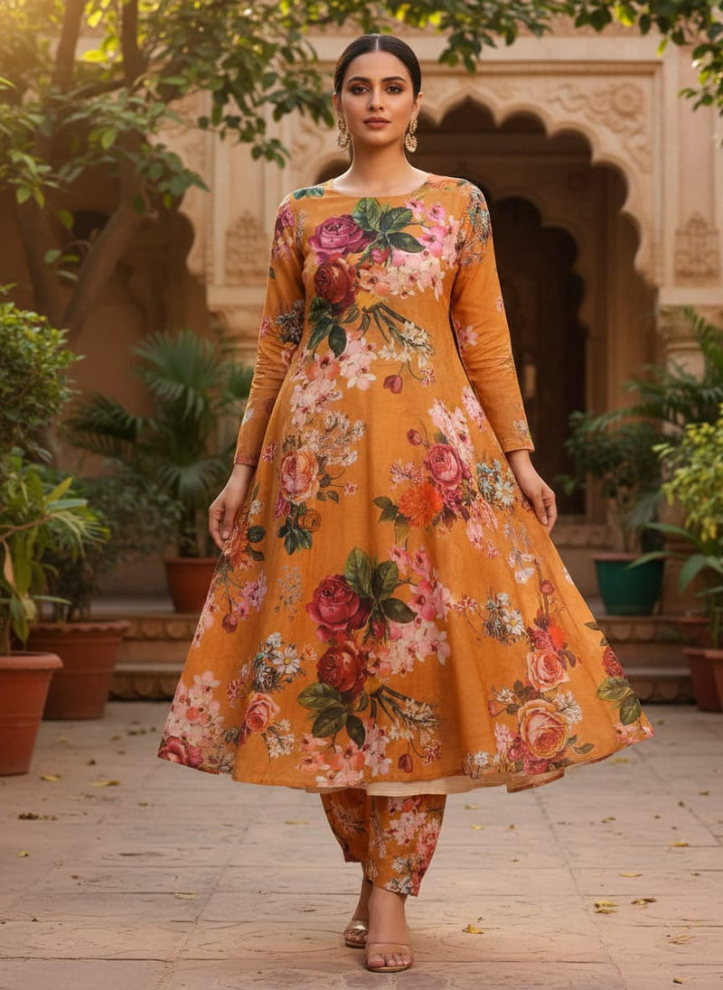 Gorgeous floral digital printed fabric in yellow from FAB VOGUE Studio