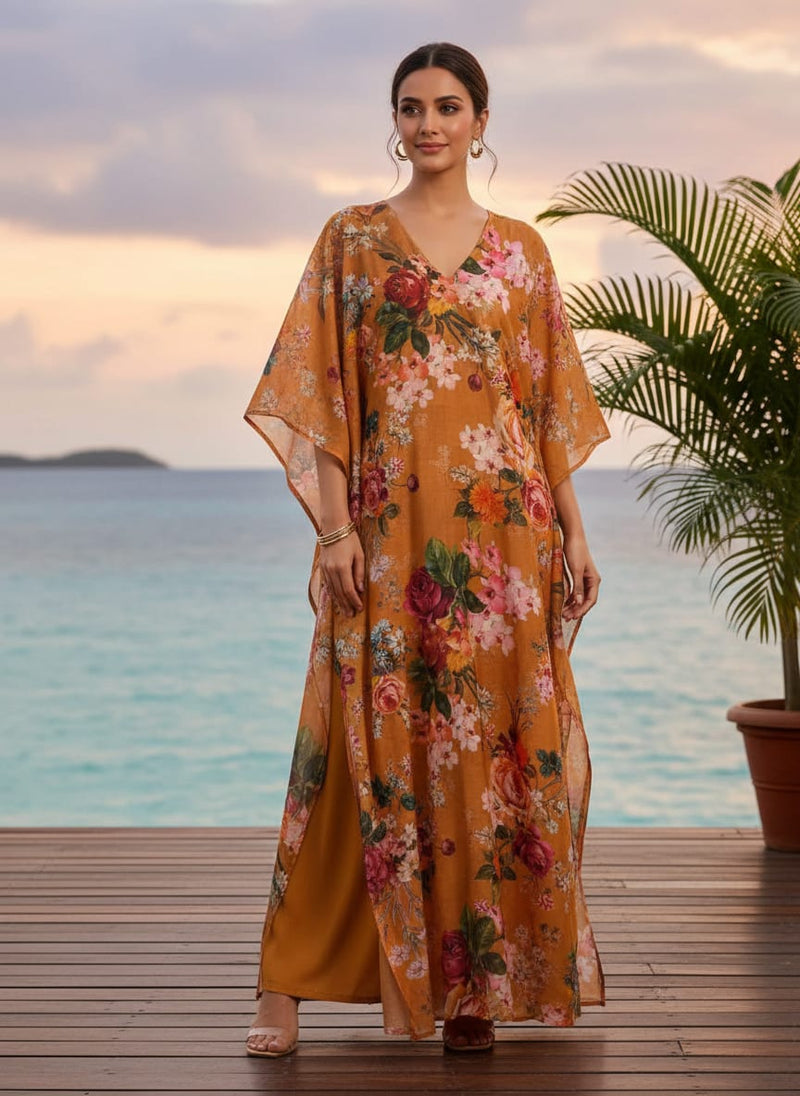 Gorgeous floral digital printed fabric in yellow from FAB VOGUE Studio