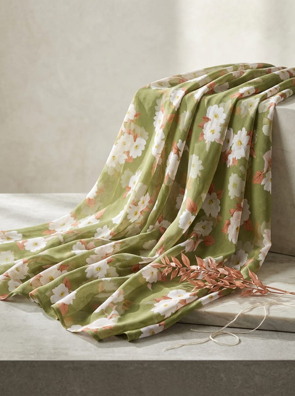 Olive White Cherry Blossom Floral Pure Georgette Digital Printed Fabric - Fabric Editorial Studio Flatlay Lookbook - PG-0-TA08334P4-110