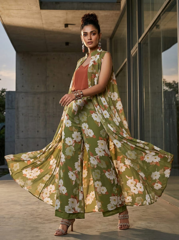 Olive White Cherry Blossom Floral Pure Georgette Digital Printed Fabric - Cape with Palazzo Lookbook - PG-0-TA08334P4-110 - alternate view