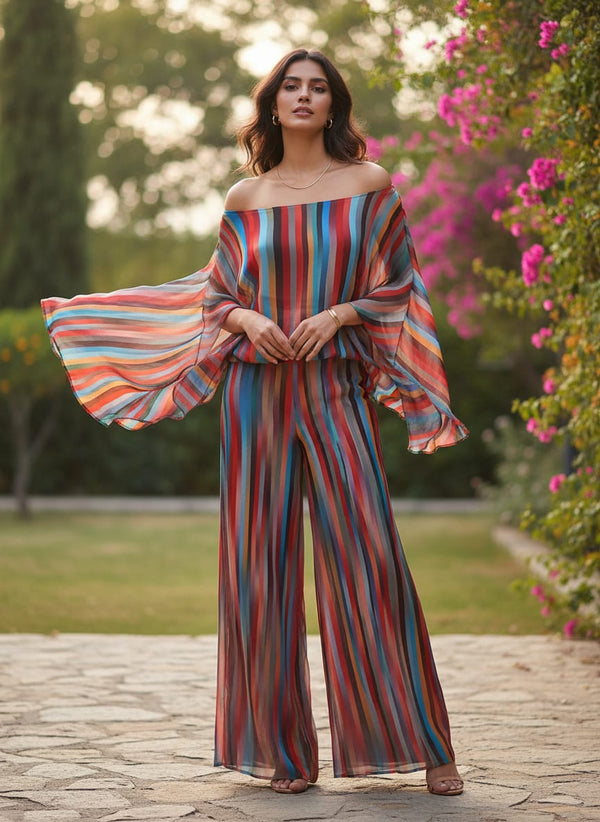 Gorgeous multicolored strips digital printed fabric in pure Georgette - alternate view