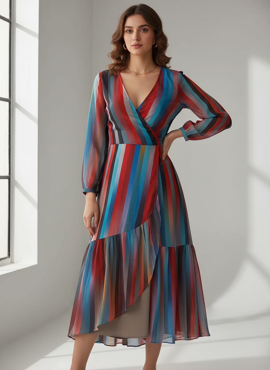 Gorgeous multicolored strips digital printed fabric in pure Georgette
