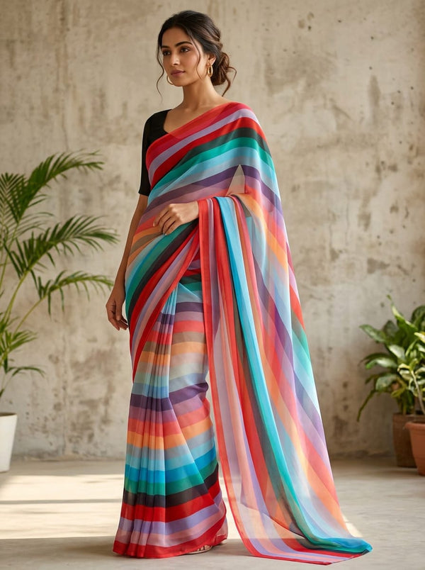 Multicolor Vibrant Wavy Stripes Pure Georgette Digital Printed Fabric - Saree Lookbook - PG-0-TA08671-110 - alternate view