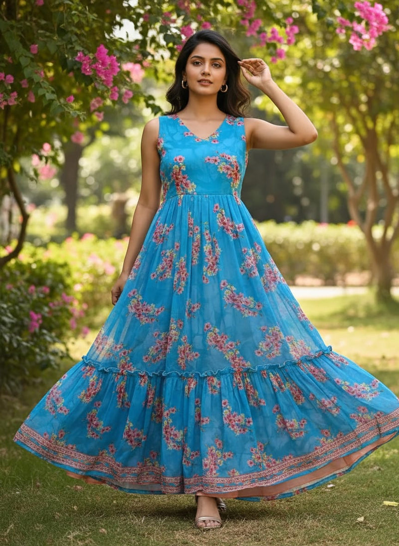 FAB VOGUE Studio's Pure Georgette Digital Printed Ditsy Fabric in Blue