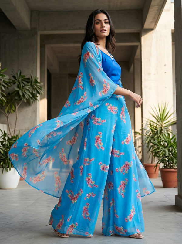 Blue Cherry Blossom Floral Pure Georgette Digital Printed Fabric - Cape with Palazzo Lookbook - PG-0-TA08283-110 - alternate view
