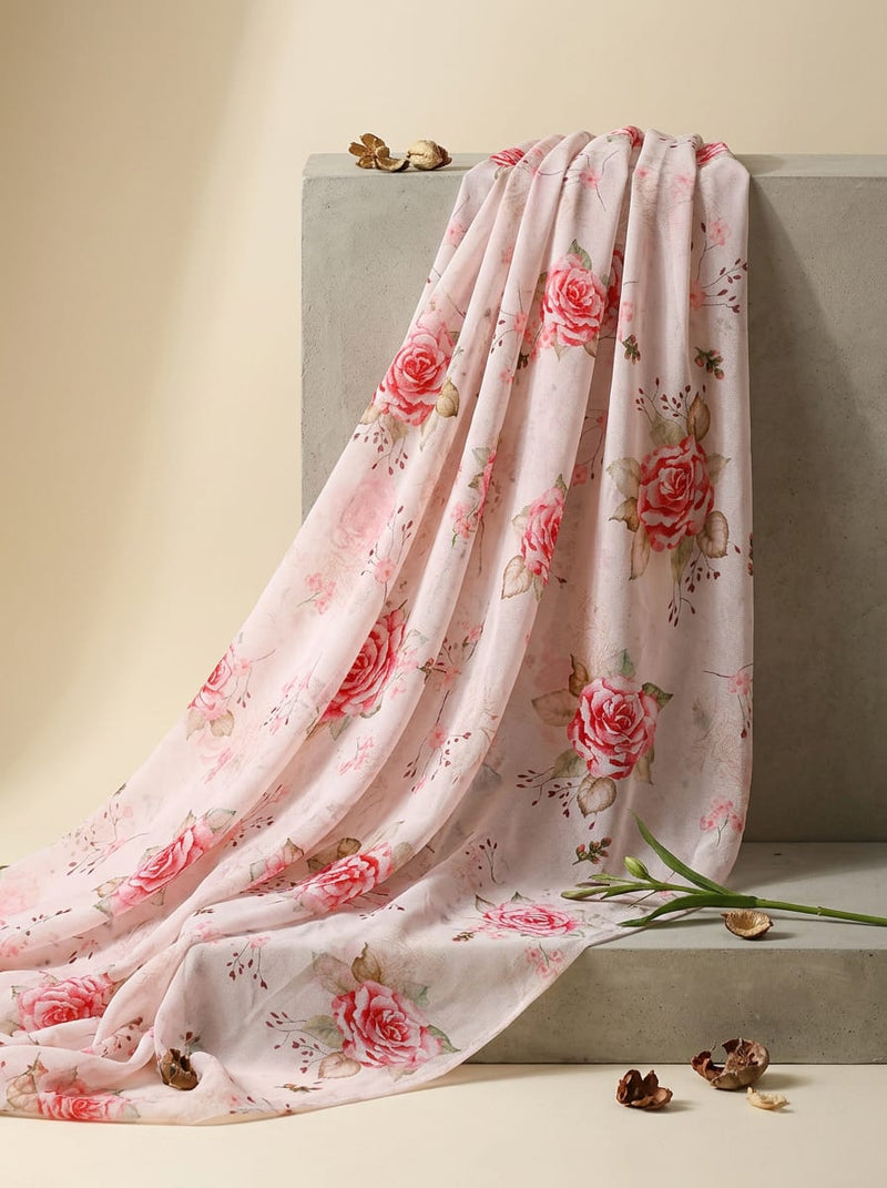 Cream Watercolor Rose Floral Pure Georgette Digital Printed Fabric