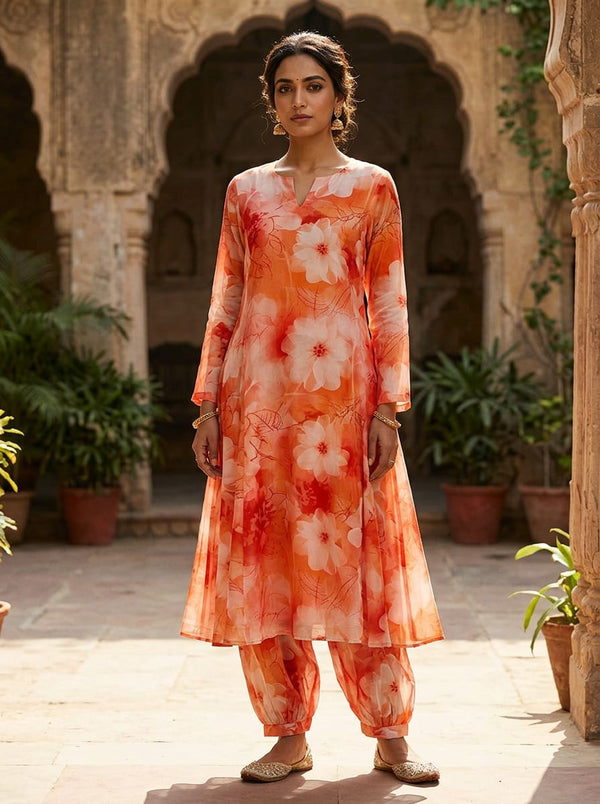Pink Watercolor Floral and Leaf Vein Pure Muslin Digital Printed Fabric - A-Line Kurta with Salwar Lookbook - PM-0-0TA06366-110 - alternate view