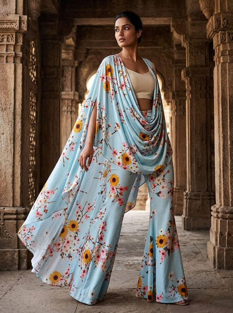Blue Cherry Blossom and Sunflower Floral Silk Crepe Digital Printed Fabric