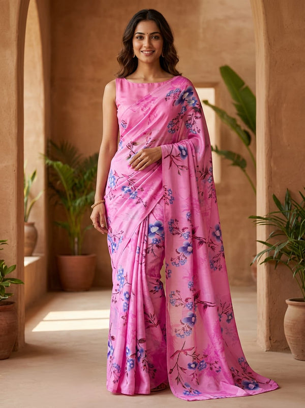 Pink Blue Botanical Floral Upada Silk Digital Printed Fabric - Saree Lookbook - US-0-TA09678P3-110 - alternate view