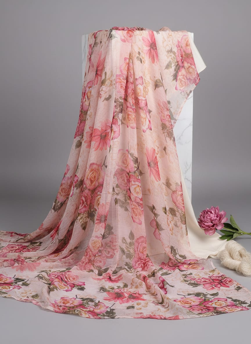 Pink Vintage Rose Floral Pure Chiffon Digital Printed Fabric