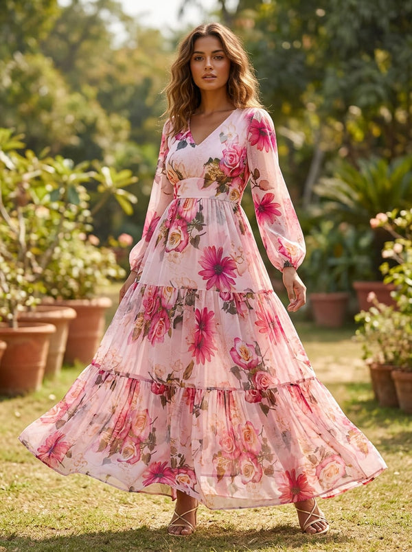 Pink Vintage Rose Floral Pure Chiffon Digital Printed Fabric - Flowy Maxi Dress Lookbook - PCH-0-TA0090-96 - alternate view