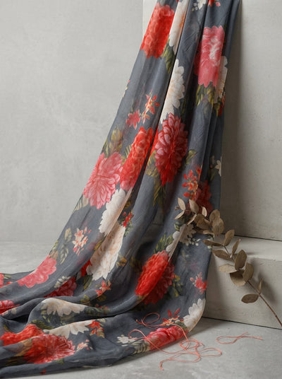 Grey Painterly Floral Bloom Pure Chiffon Digital Printed Fabric