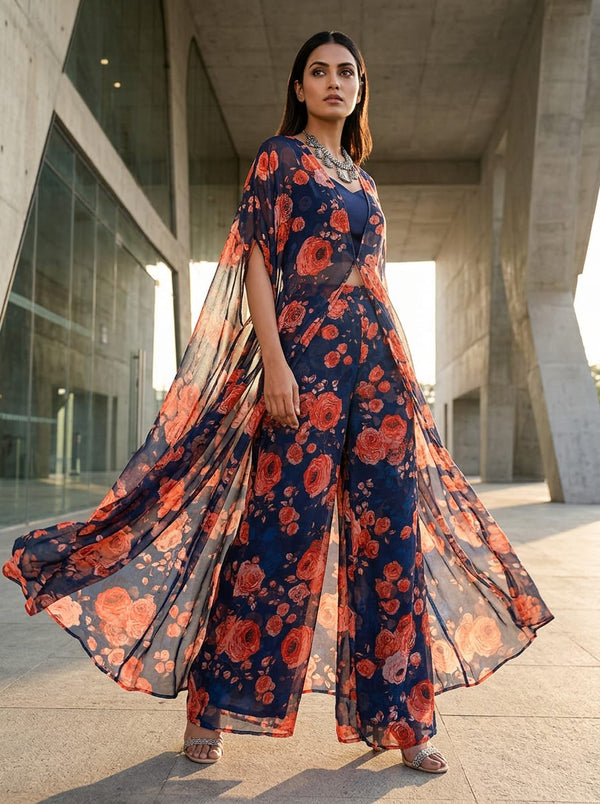 Navy Painterly Red Roses Pure Chiffon Digital Printed Fabric - Cape with Palazzo Lookbook - PCH-0-TA06678-96 - alternate view