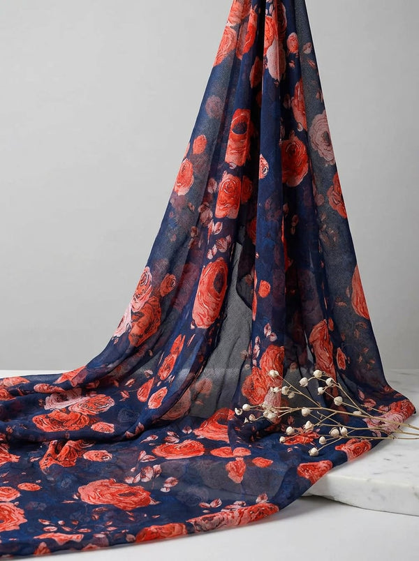Navy Painterly Red Roses Pure Chiffon Digital Printed Fabric - Fabric Editorial Studio Flatlay Lookbook - PCH-0-TA06678-96