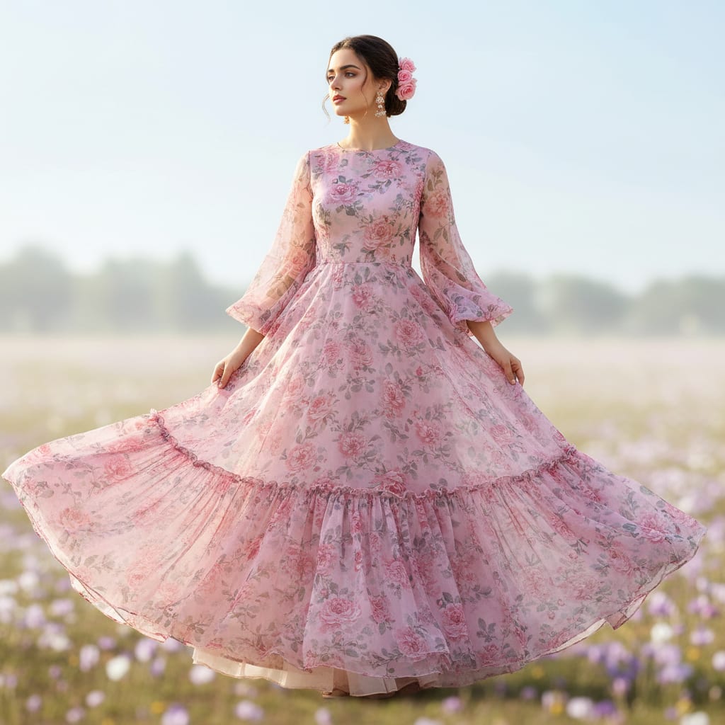 Floral and Leaves Digital Printed Chiffon Fabric