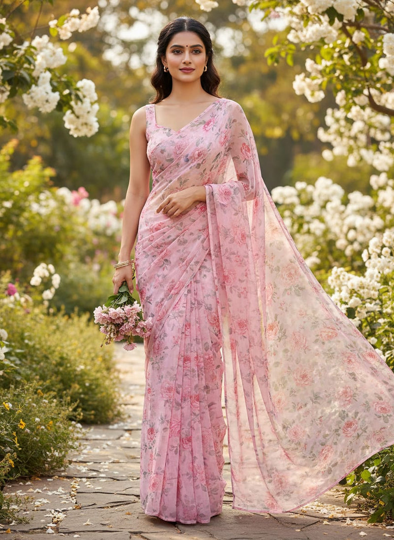 Floral and Leaves Digital Printed Chiffon Fabric