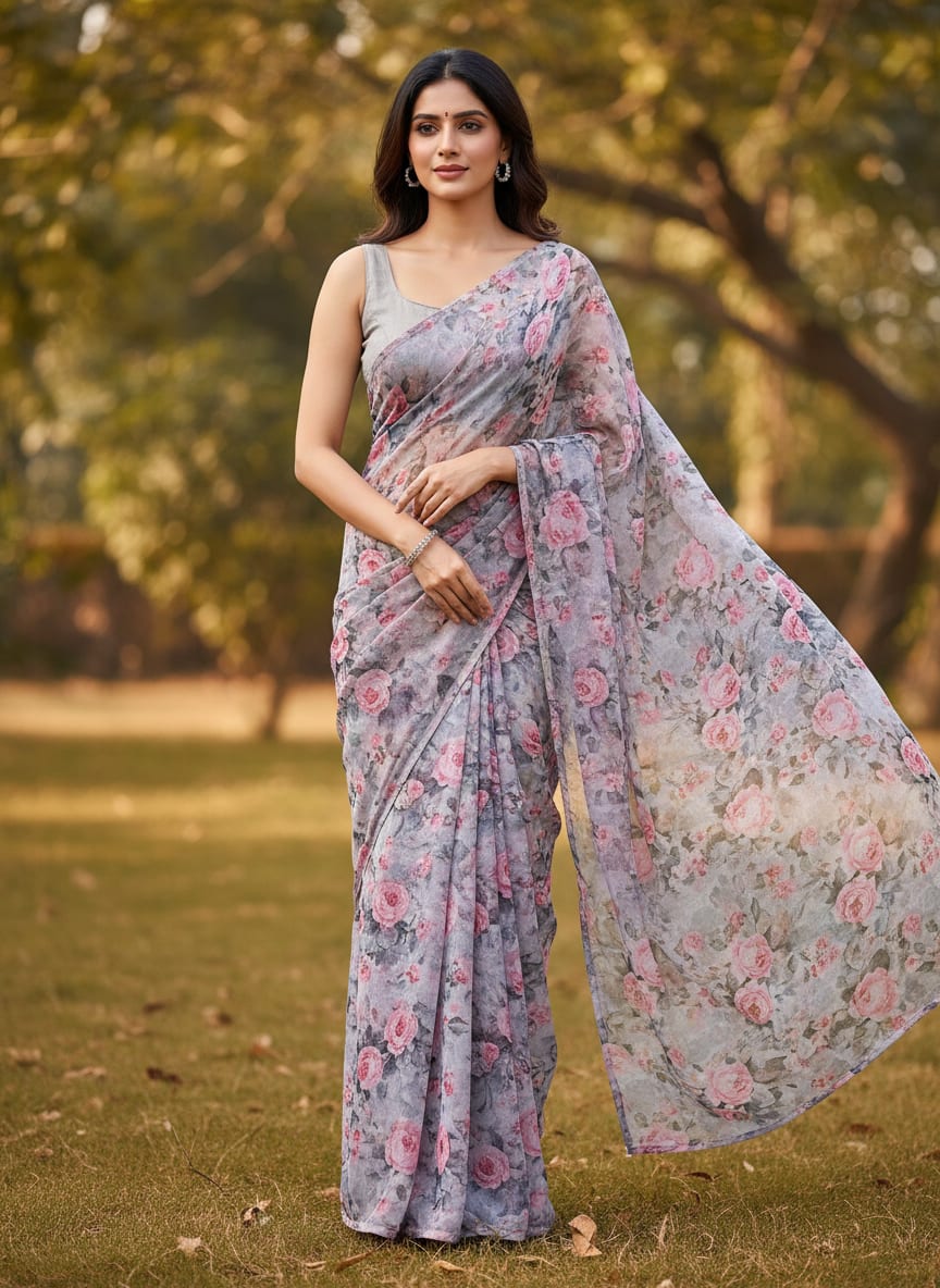 Floral digital printed pure chiffon fabric from FAB VOGUE Studio
