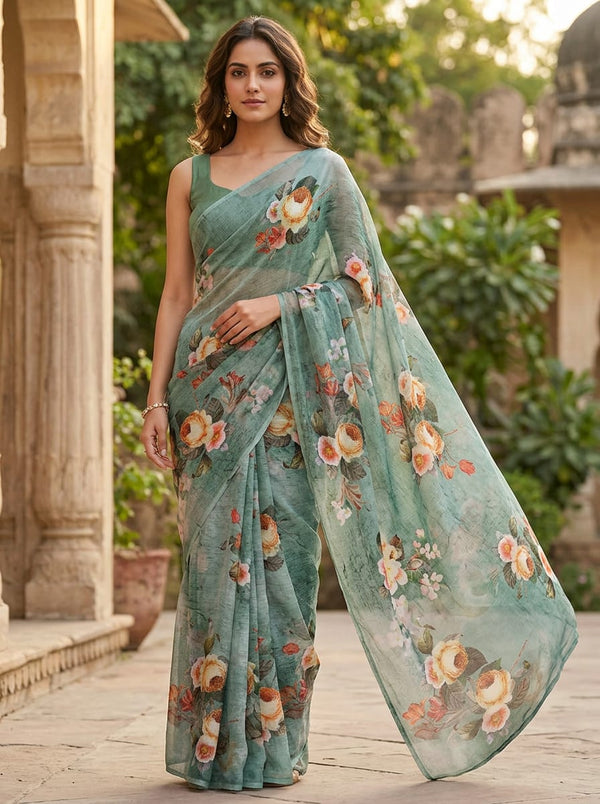 Teal Vintage Painterly Rose Floral Pure Chiffon Digital Printed Fabric - Saree Lookbook - PCH-0-TA6815P1-96 - alternate view