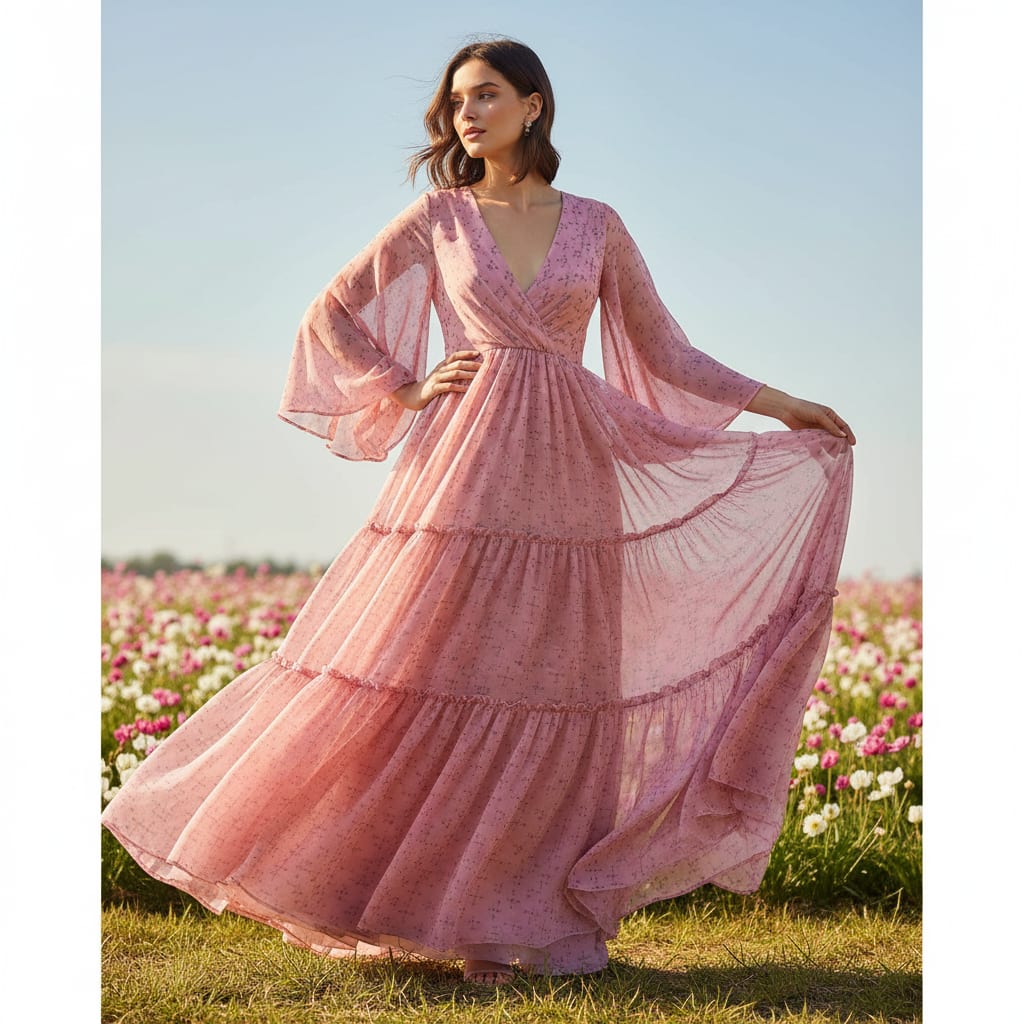 Abstract digital printed peach chiffon fabric from FAB VOGUE Studio