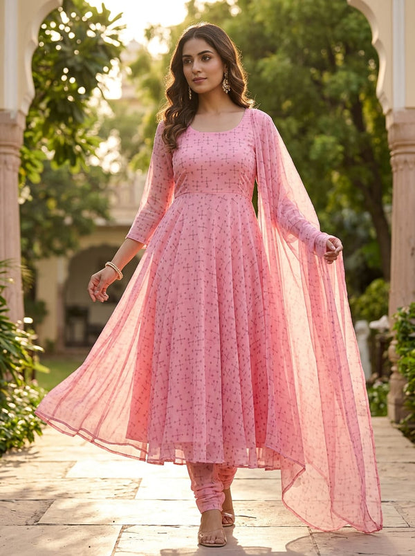 Pink Subtle Geometric Cross Pattern Pure Chiffon Digital Printed Fabric - Anarkali Kurta Set Lookbook - PCH-0-TA05447B-96 - alternate view