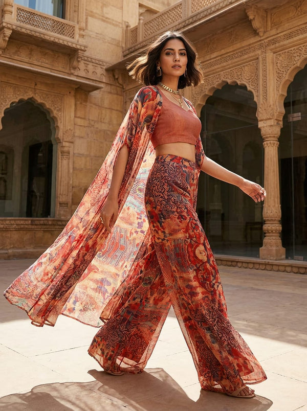 Multicolor Ethnic Paisley Abstract Pure Chiffon Digital Printed Fabric - Cape with Palazzo Lookbook - PCH-0-TA01170-96 - alternate view