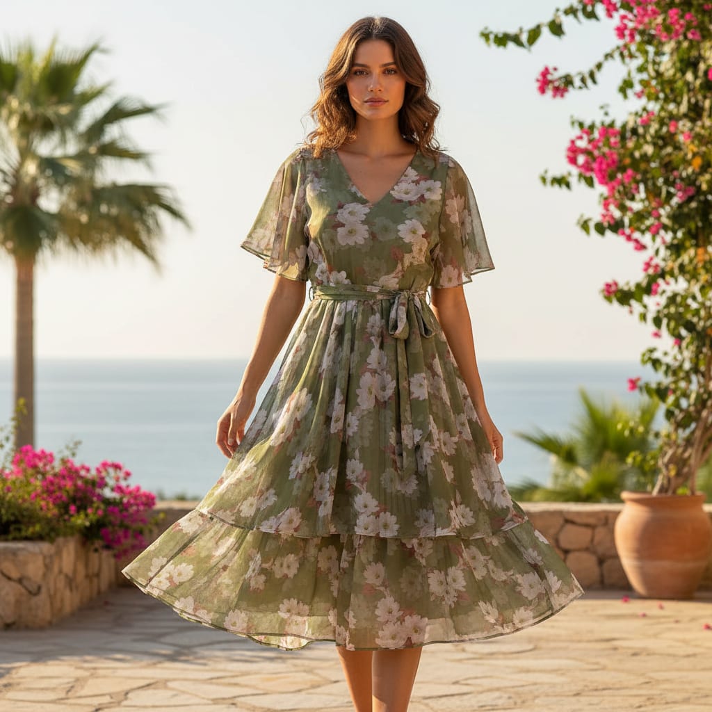 Gorgeous green and white digital printed chiffon fabric by FAB VOGUE Studio