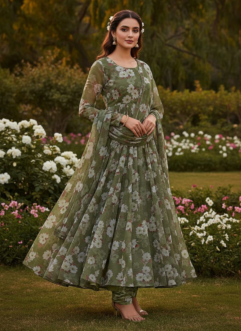 Gorgeous green and white digital printed chiffon fabric by FAB VOGUE Studio