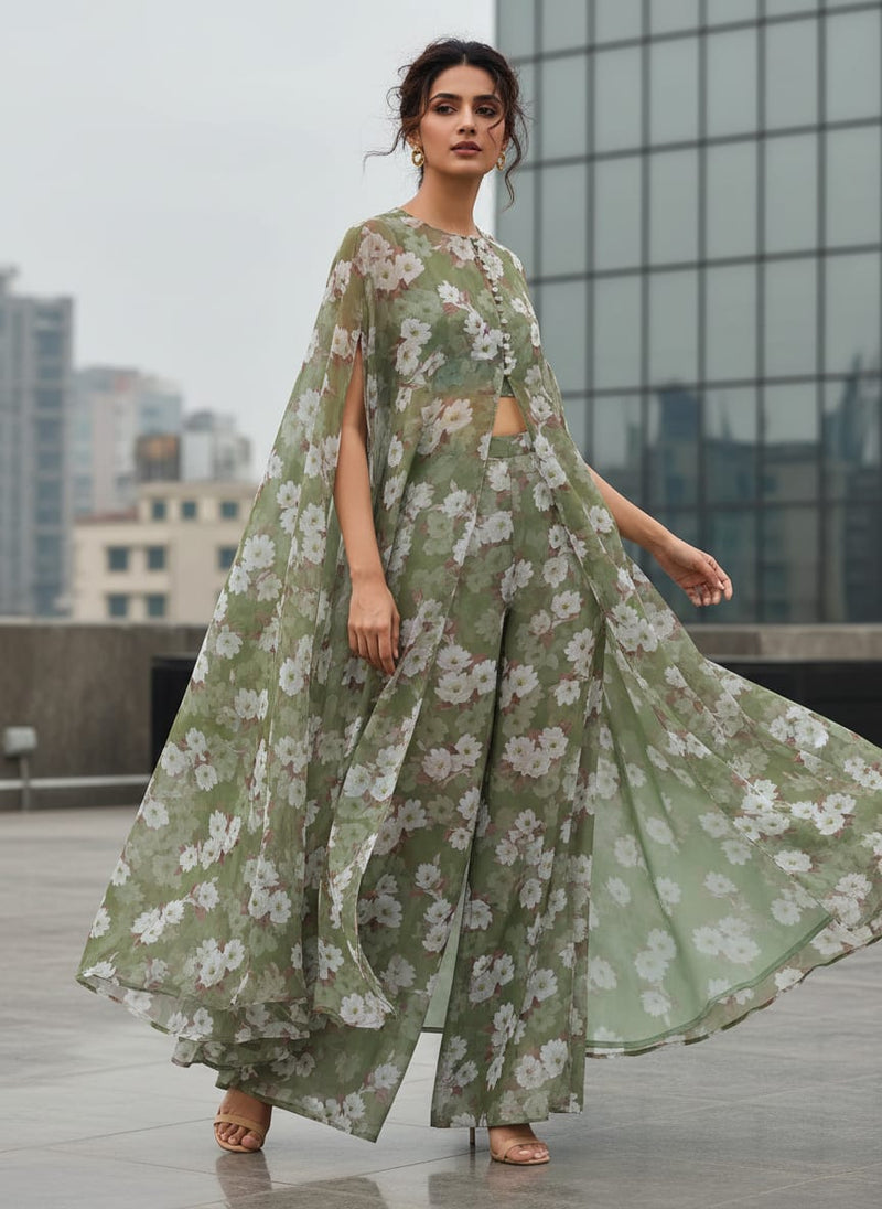 Gorgeous green and white digital printed chiffon fabric by FAB VOGUE Studio