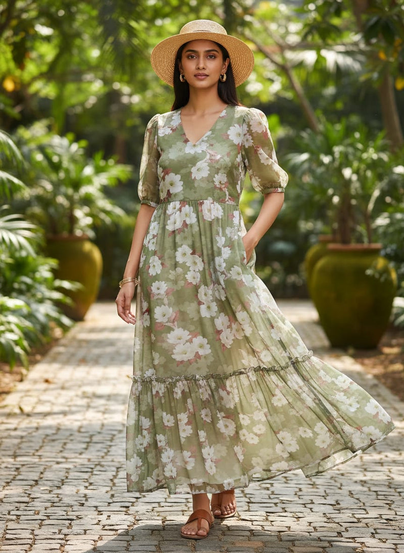 Gorgeous green and white digital printed chiffon fabric by FAB VOGUE Studio