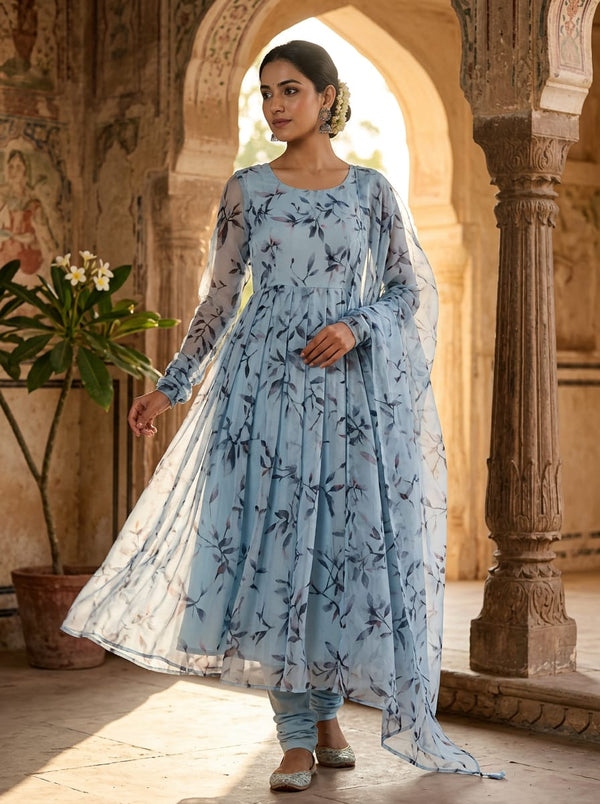 Blue Watercolor Botanical Leaves Organza Digital Printed Fabric - Anarkali Kurta Set Lookbook - OR-0-TA05861P2-110 - alternate view