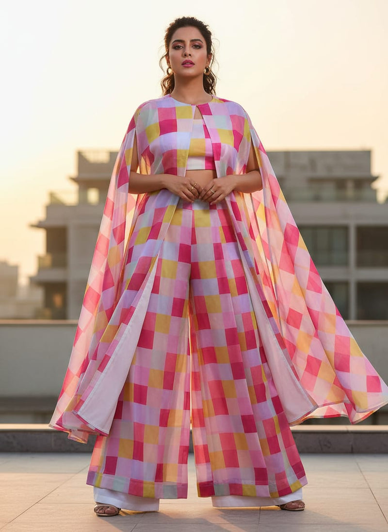 Gorgeous digital printed organza fabric with a checkered design in yellow, purple and pink
