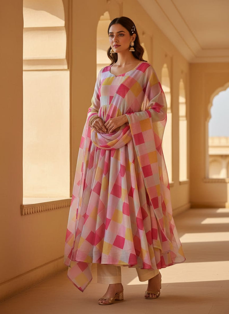 Gorgeous digital printed organza fabric with a checkered design in yellow, purple and pink
