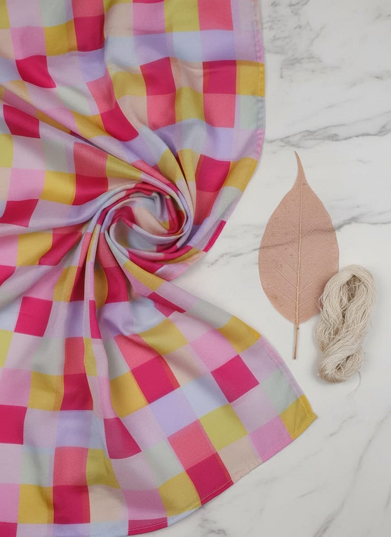 Gorgeous digital printed organza fabric with a checkered design in yellow, purple and pink