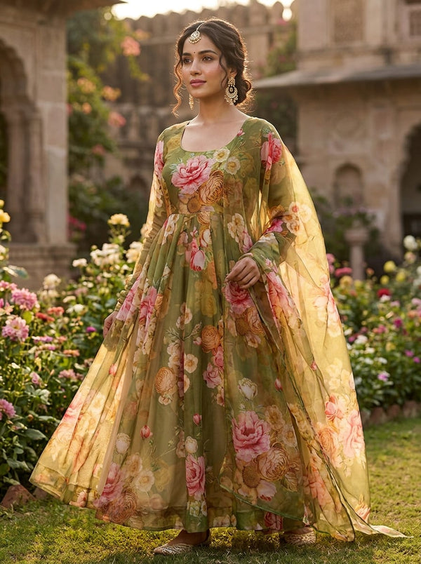 Green Vintage Garden Floral Organza Digital Printed Fabric - Anarkali Kurta Set Lookbook - OR-0-TA07237P4-110 - alternate view