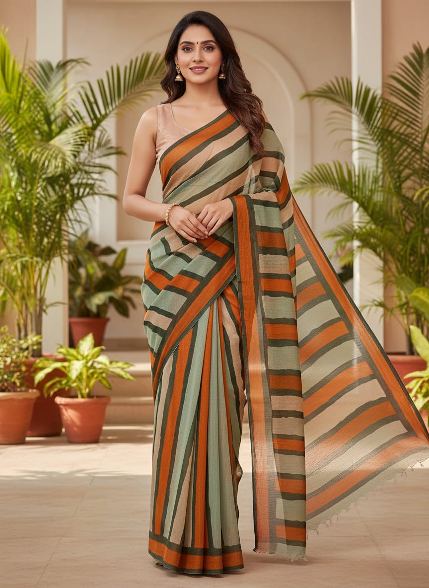 Gorgeous digital printed fabric with strips in Green, Mustered Yellow and Cream