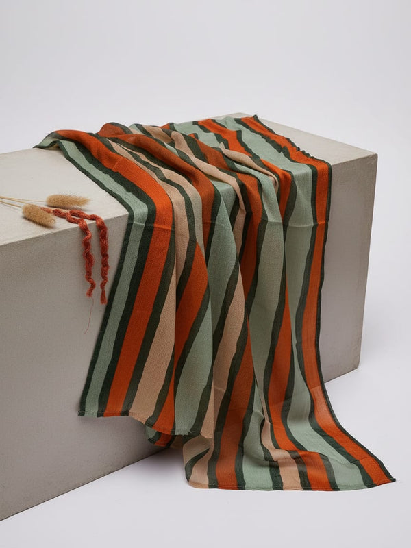 Gorgeous digital printed fabric with strips in Green, Mustered Yellow and Cream