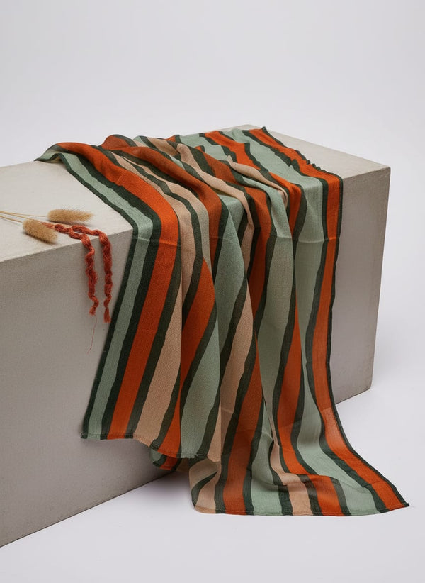 Gorgeous digital printed fabric with strips in Green, Mustered Yellow and Cream - Fabric Editorial Studio Flatlay Lookbook - PC-0-TA07540-106