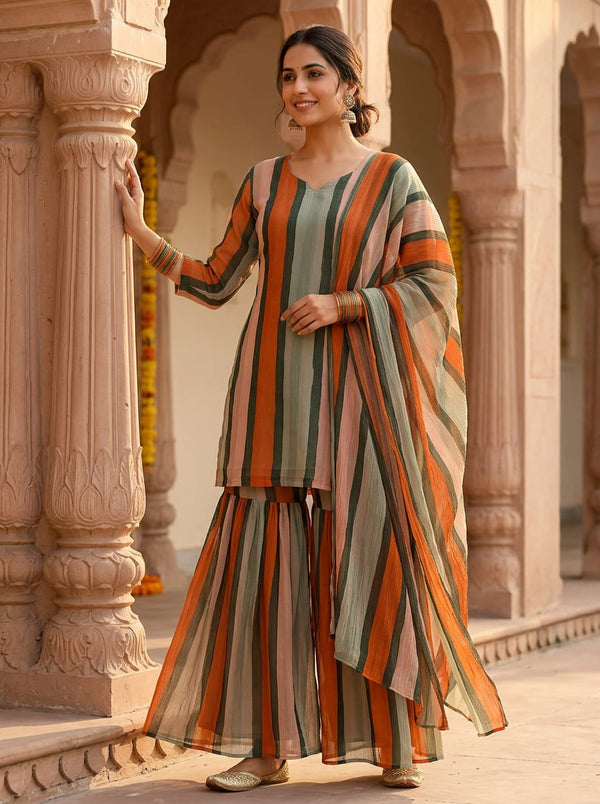 Multicolor Earthy Tone Wavy Stripes Pure Chinon Digital Printed Fabric - Sharara Set Lookbook - PC-0-TA07540-106 - alternate view