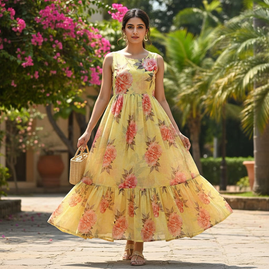 Gorgeous floral printed kota doria fabric from FAB VOGUE Studio