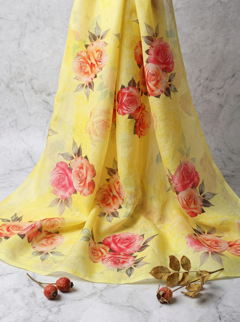 Yellow Classic Rose Floral Print Kota Doria Digital Printed Fabric