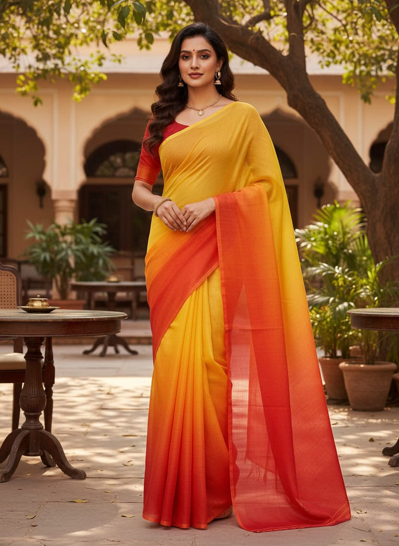 Kota Doria Fabric with Decorative Digital Print in Yellow, Orange and Red