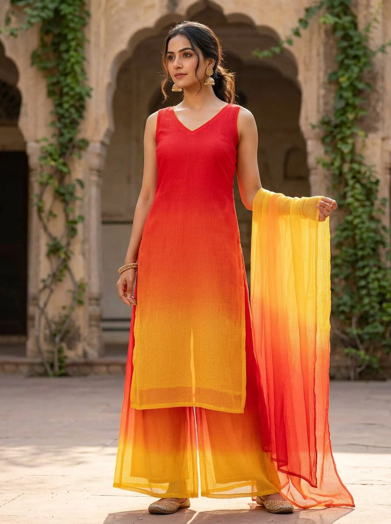 Multicolor Red Orange Yellow Ombre Gradient Kota Doria Digital Printed Fabric