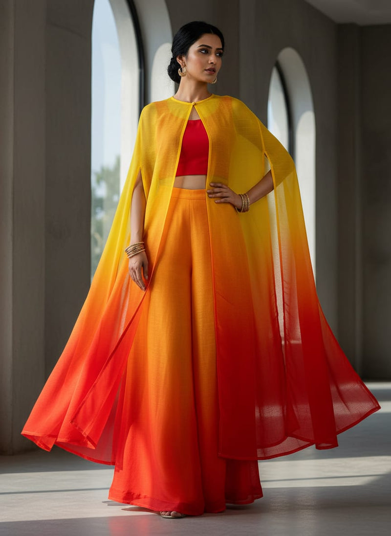 Kota Doria Fabric with Decorative Digital Print in Yellow, Orange and Red