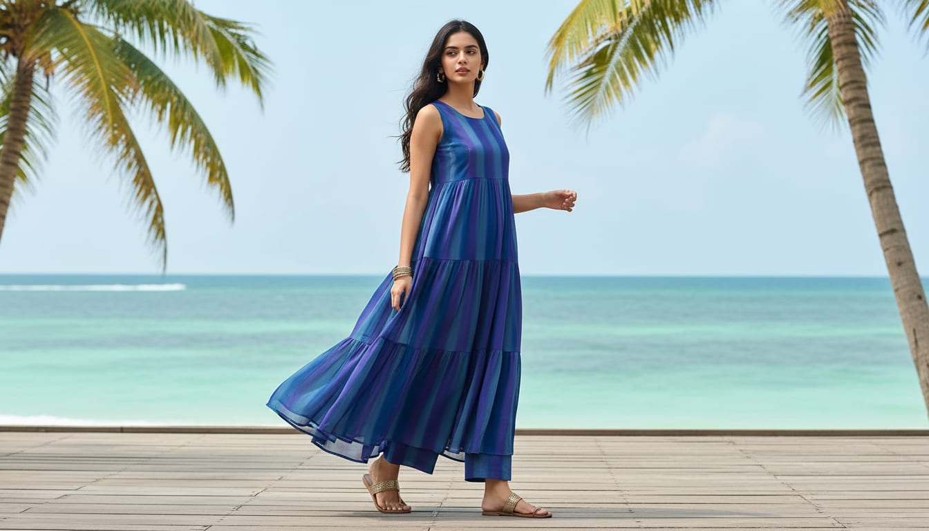 Georgette Digital Printed Fabric with Blue Stripes - FAB VOGUE Studio