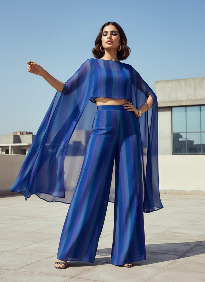 Georgette Digital Printed Fabric with Blue Stripes - FAB VOGUE Studio