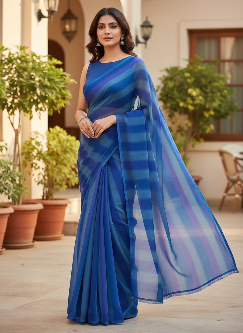 Georgette Digital Printed Fabric with Blue Stripes - FAB VOGUE Studio