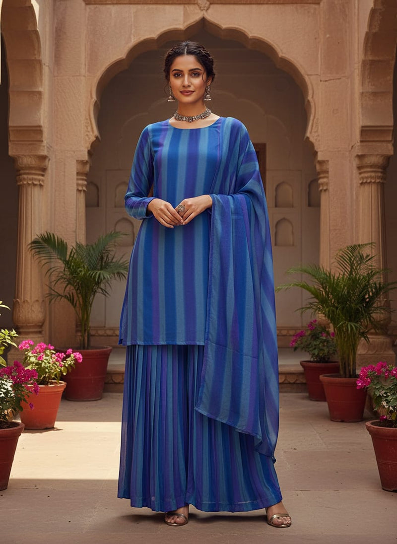 Georgette Digital Printed Fabric with Blue Stripes - FAB VOGUE Studio