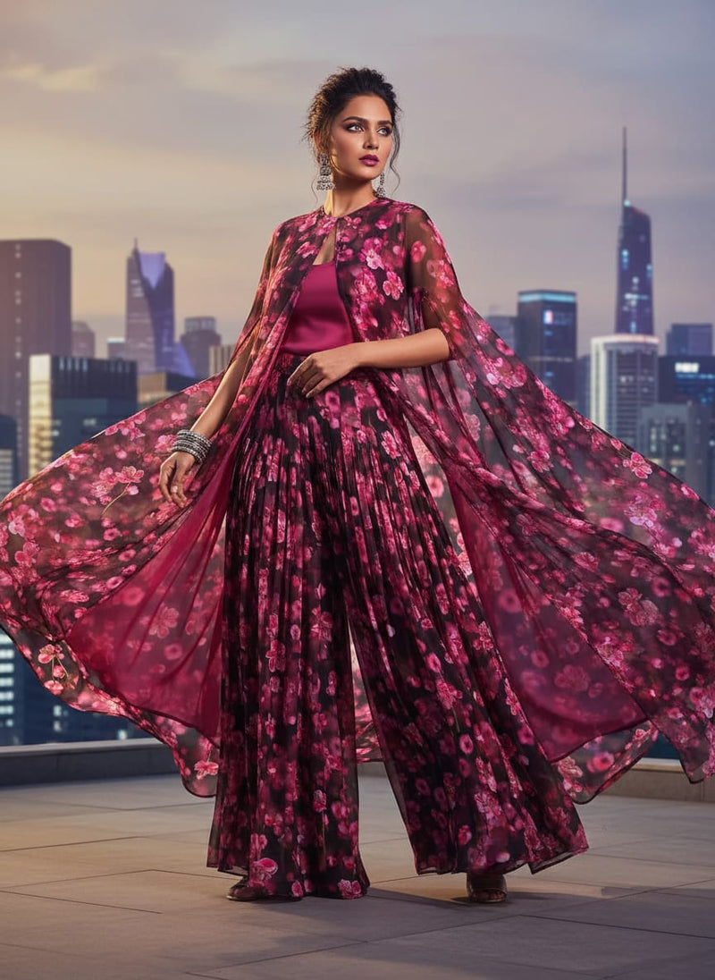 Gorgeous Black and Pink Ditsy Digital Printed Georgette Fabric